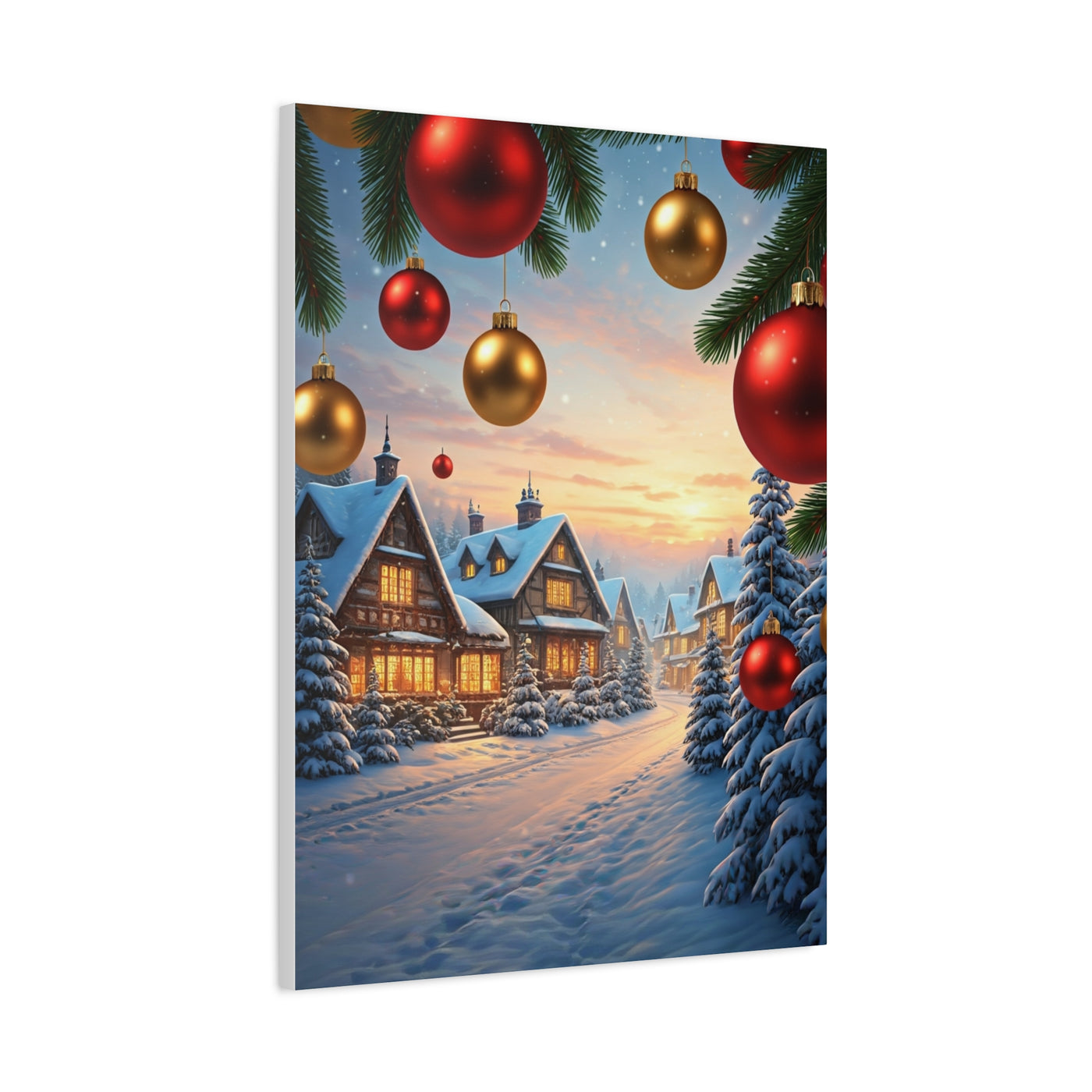Snowy Christmas Village With Festive Ornaments Wall Art & Canvas Print