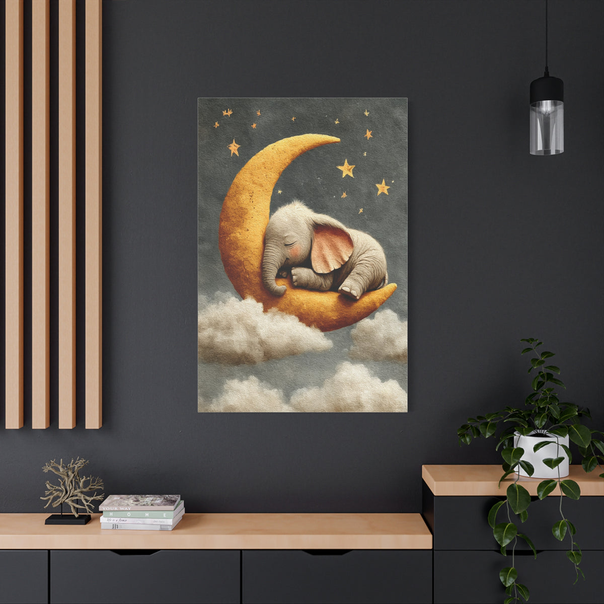 Baby Elephant Moon Dream Wall Art & Canvas Print