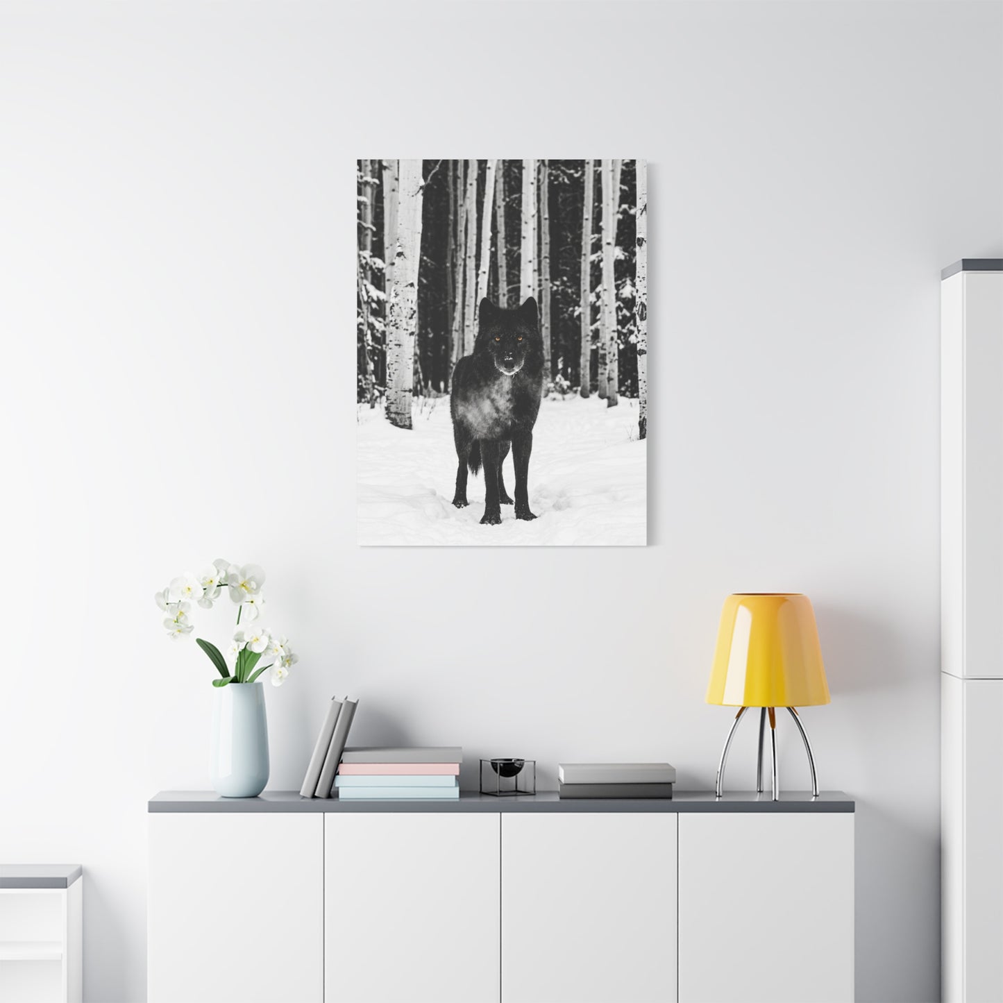 Snow Forest Black Wolf Minimal Scene Wall Art & Canvas Print