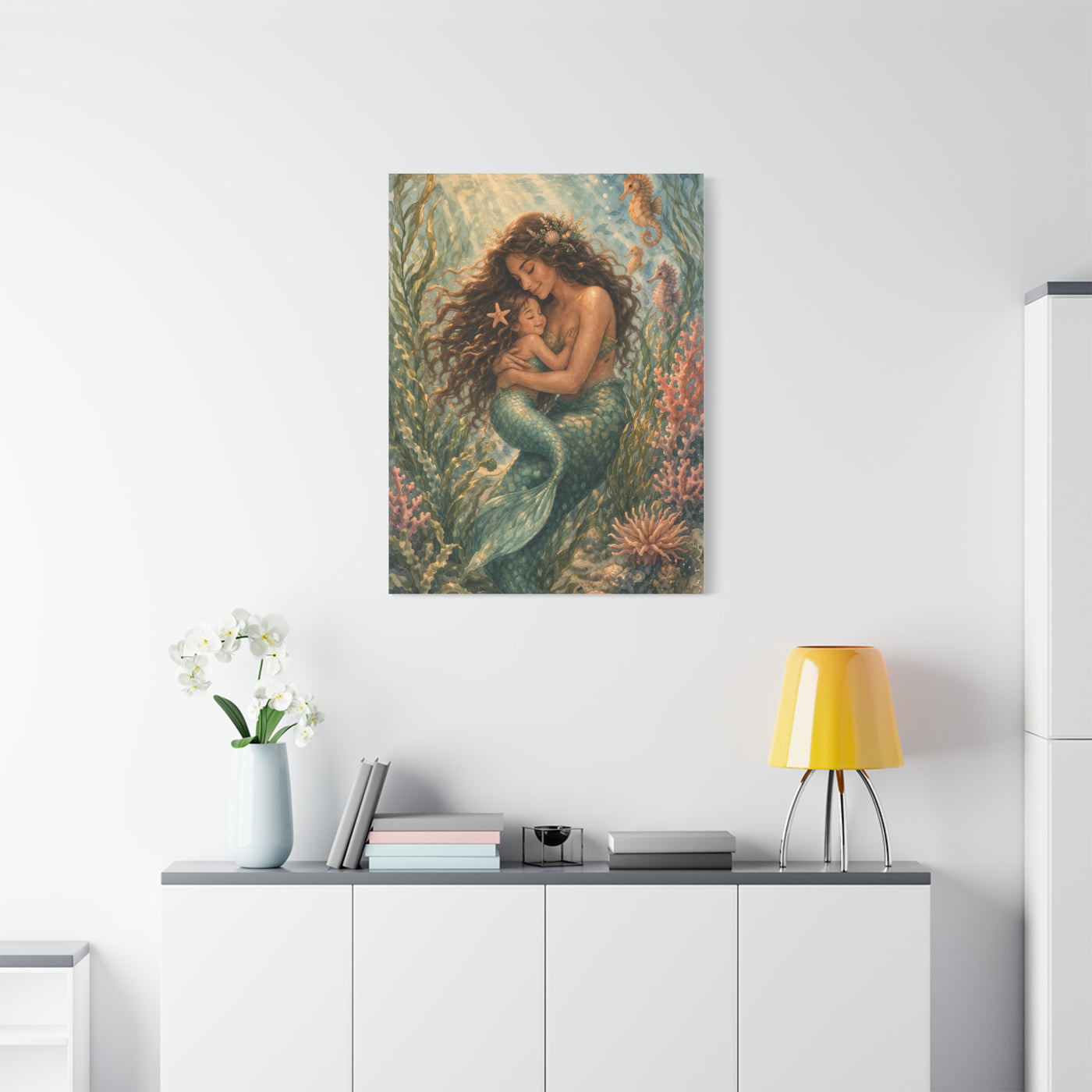 Mother and Child Mermaid Embrace Wall Art & Canvas Print