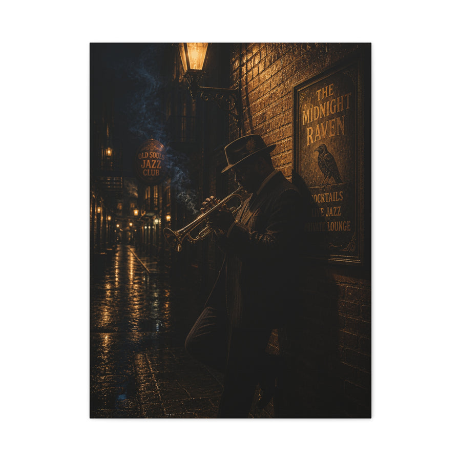 Midnight Jazz Alley Trumpeter Wall Art & Canvas Print