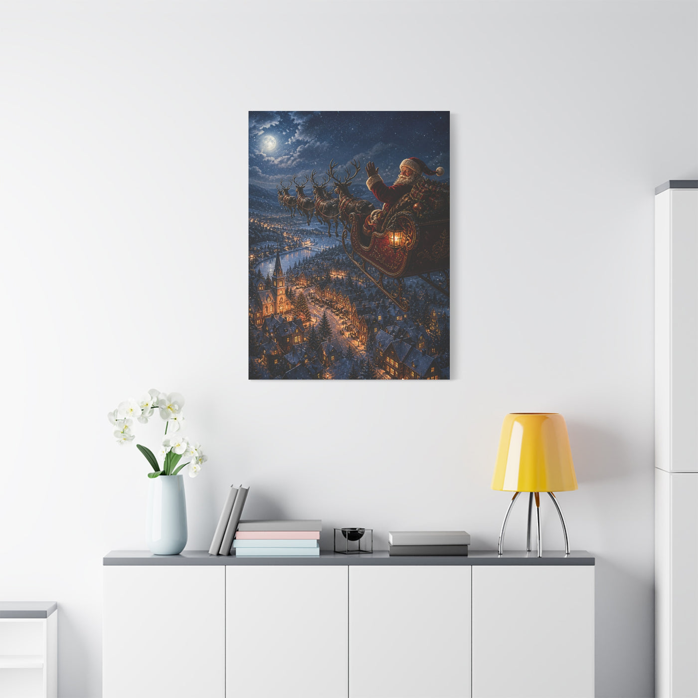Santa Sleigh Flight Over Snowy Village Wall Art & Canvas Print