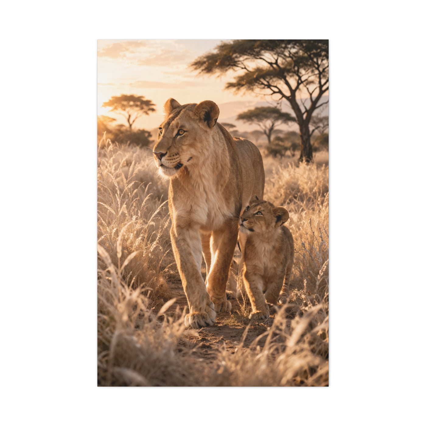 Lioness and Cub Golden Walk Wall Art & Canvas Print