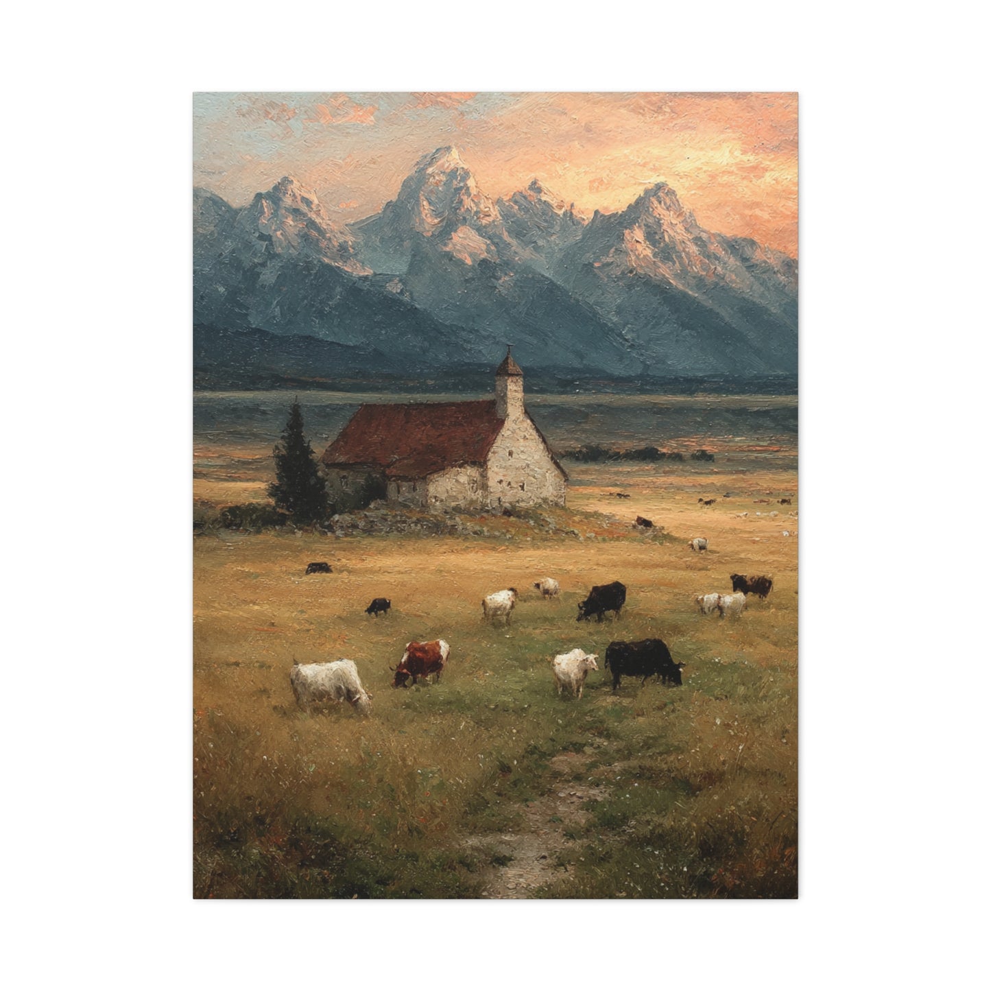 Rustic Mountain Farm Bulls & Cows Painting Wall Art & Canvas Print