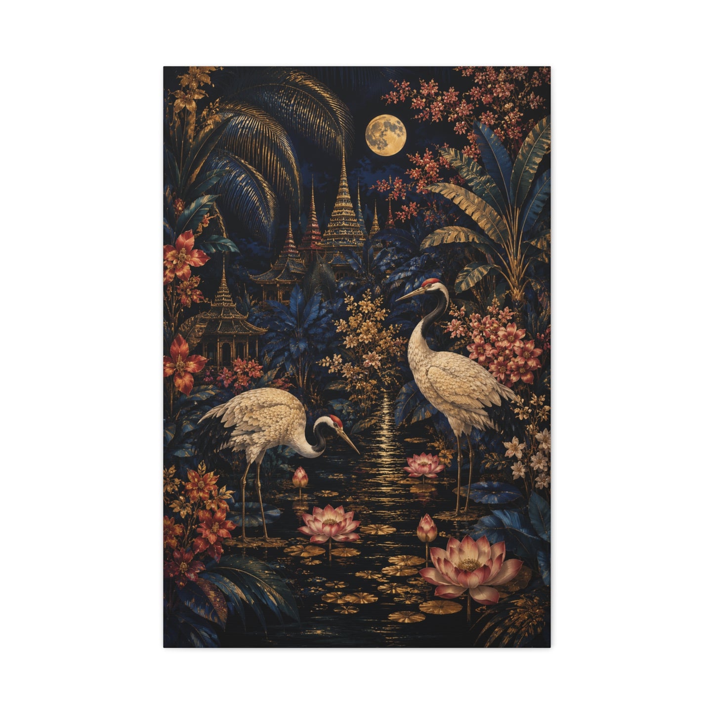 Moonlit Tropical Chinoiserie Crane Garden Tropical Wall Art & Canvas Print