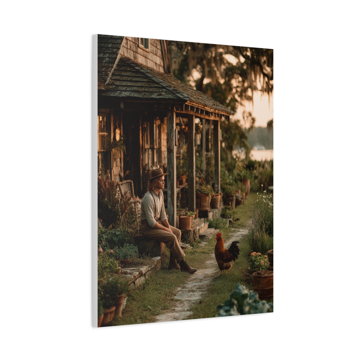 Farmhouse Porch Rooster Scene Wall Art & Canvas Print