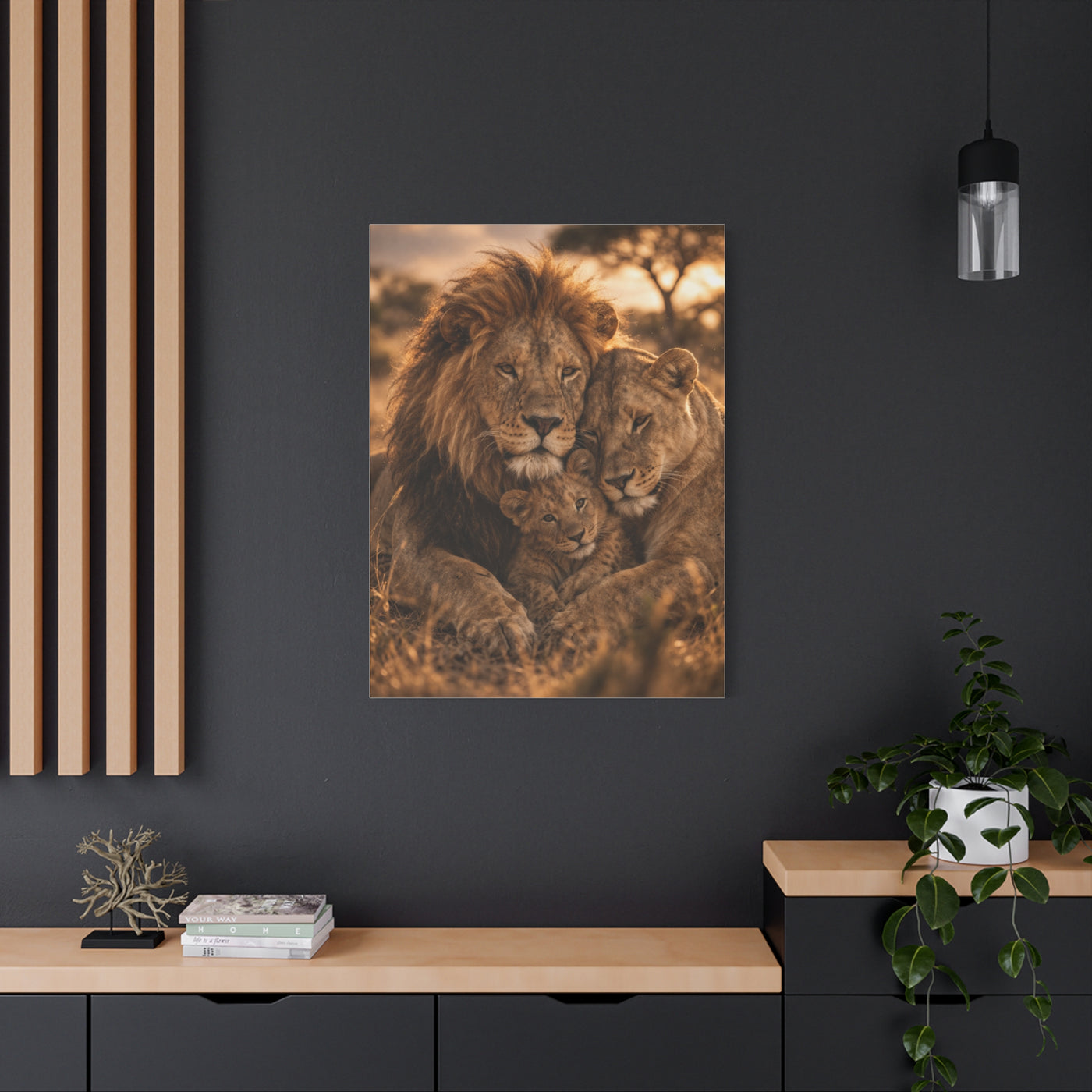 Lion Family Embrace Golden Bond Wall Art & Canvas Print