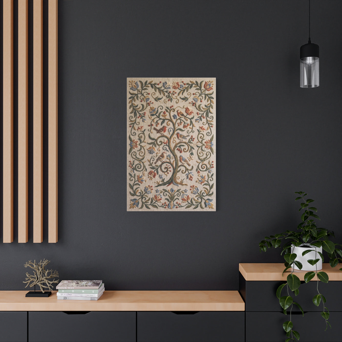 Folk Art Botanical Tree Embroidery Panel Wall Art & Canvas Print