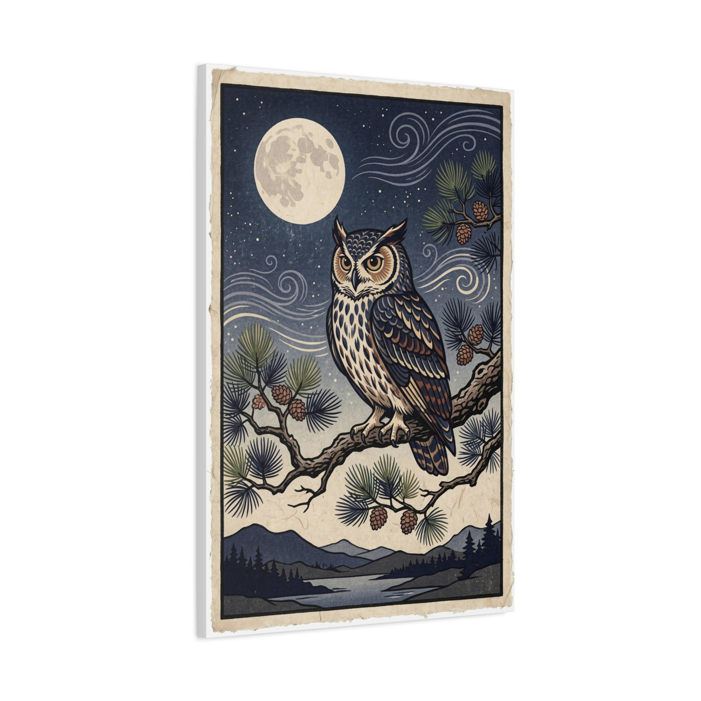Vintage Moonlit Owl Woodblock Wall Art & Canvas Print