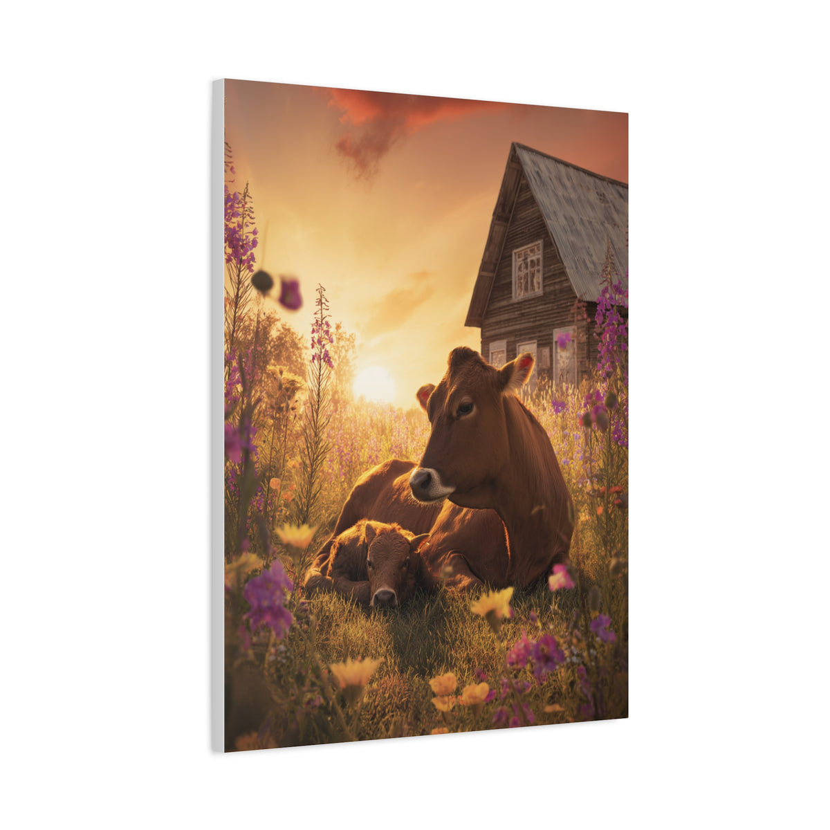 Sunset Farm Meadow Cow and Calf Wall Art & Canvas Print