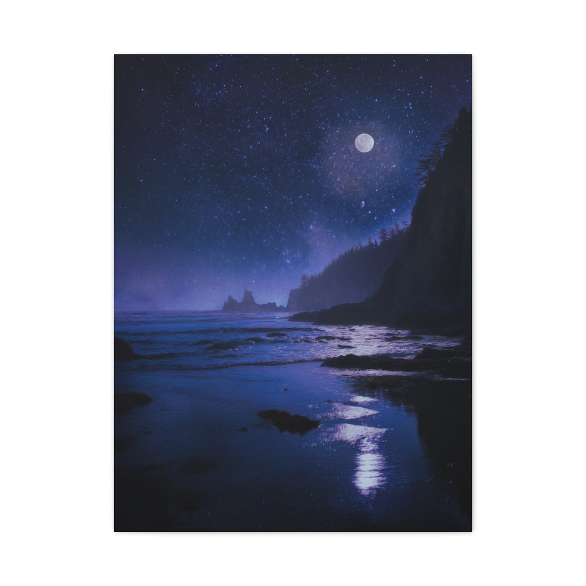Moonlit Starry Coastline Wall Art & Canvas Print