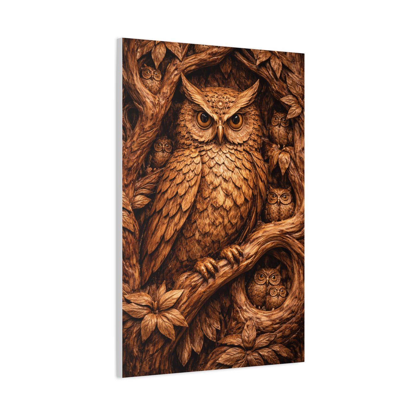Hand-Carved Owl Family Wood Relief Wall Art & Canvas Print