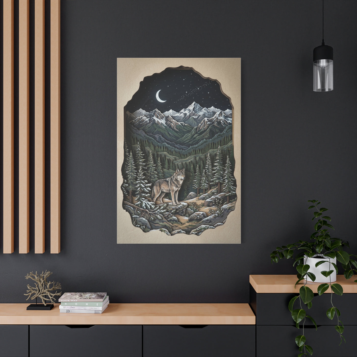 Night Forest Wolf Framed Relief Landscape Wall Art & Canvas Print