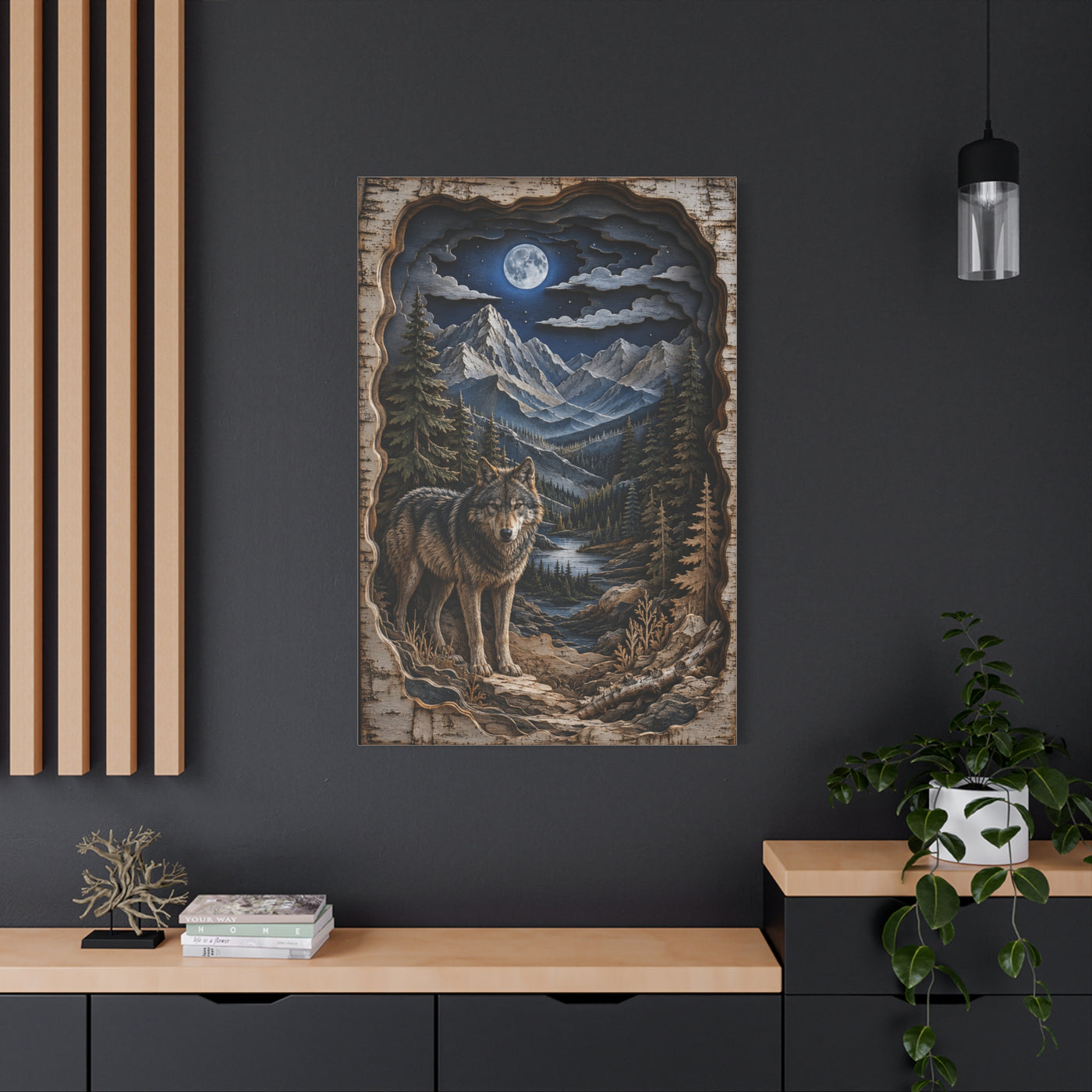 Rustic Mountain Wolf Shadowbox Landscape Wall Art & Canvas Print