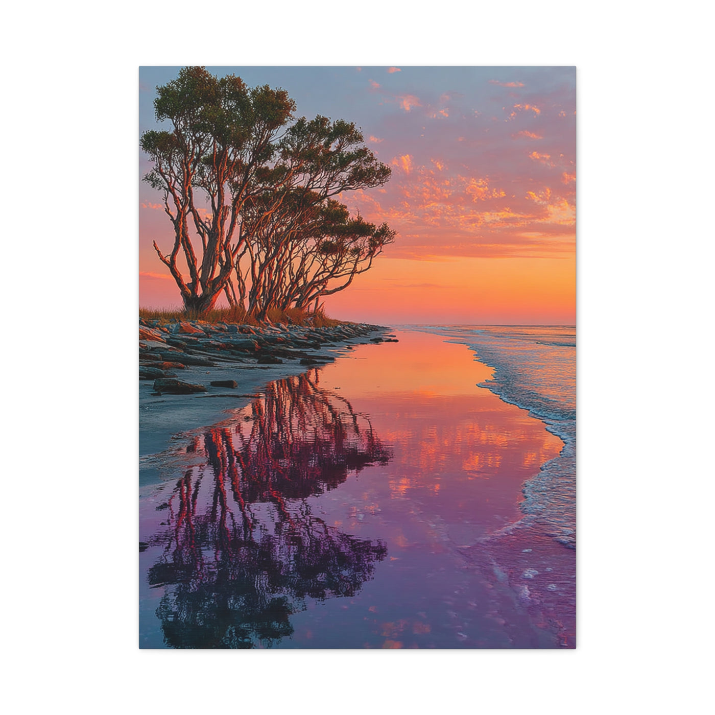 Driftwood Coastal Reflection Sunrise Wall Art & Canvas Print
