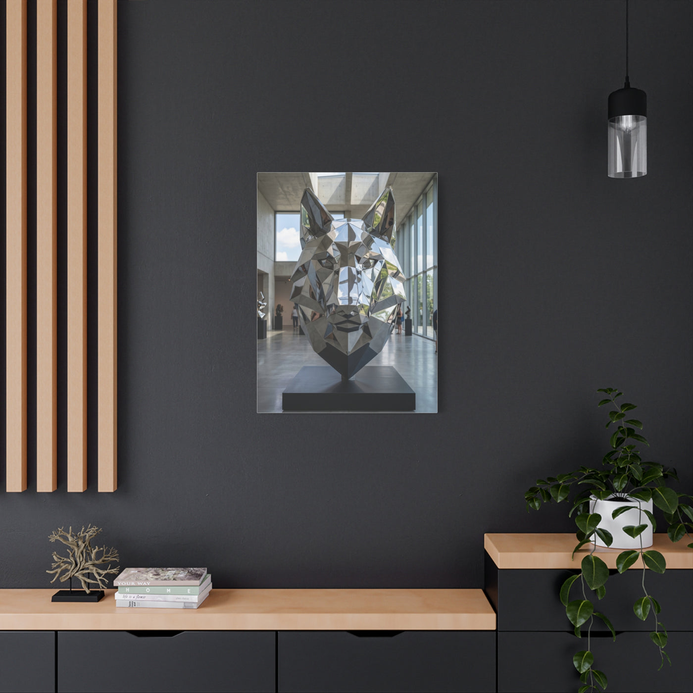 Geometric Chrome Wolf Head Sculpture Wall Art & Canvas Print