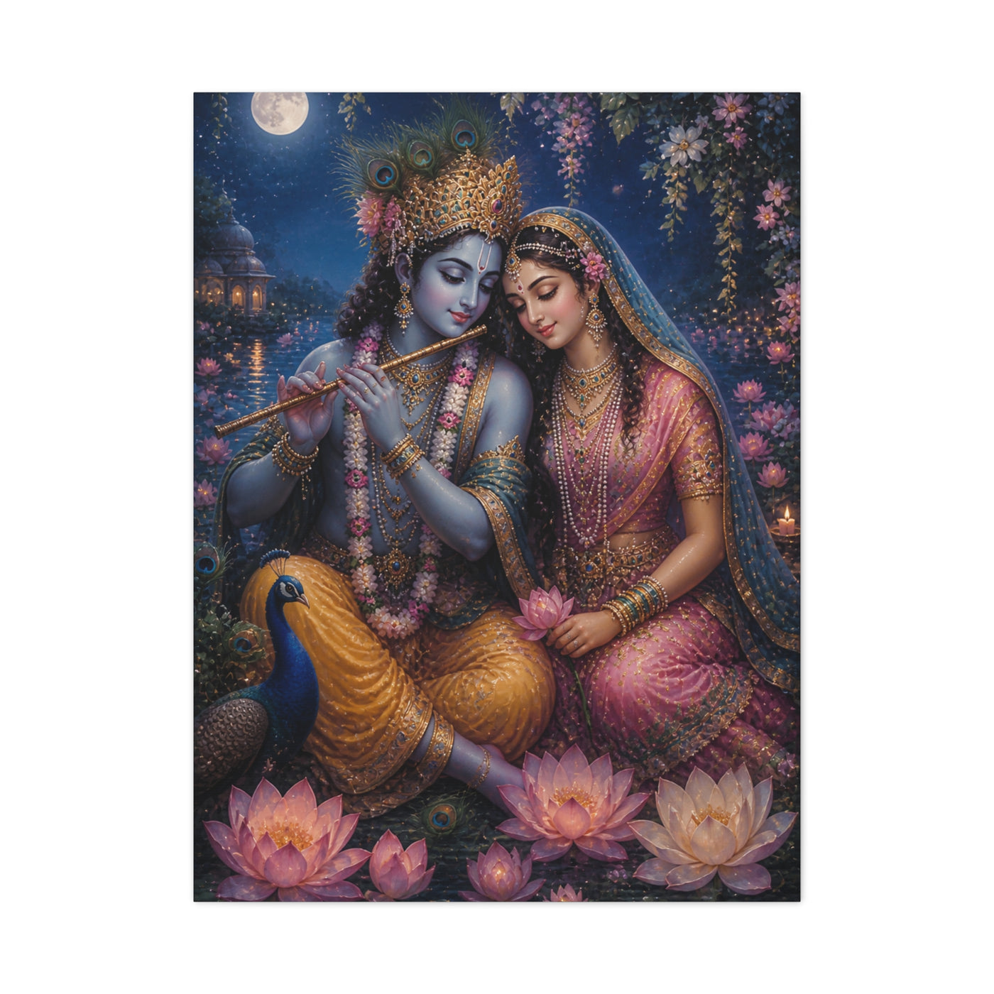 Radha and Krishna Moonlit Lotus Garden Wall Art & Canvas Print