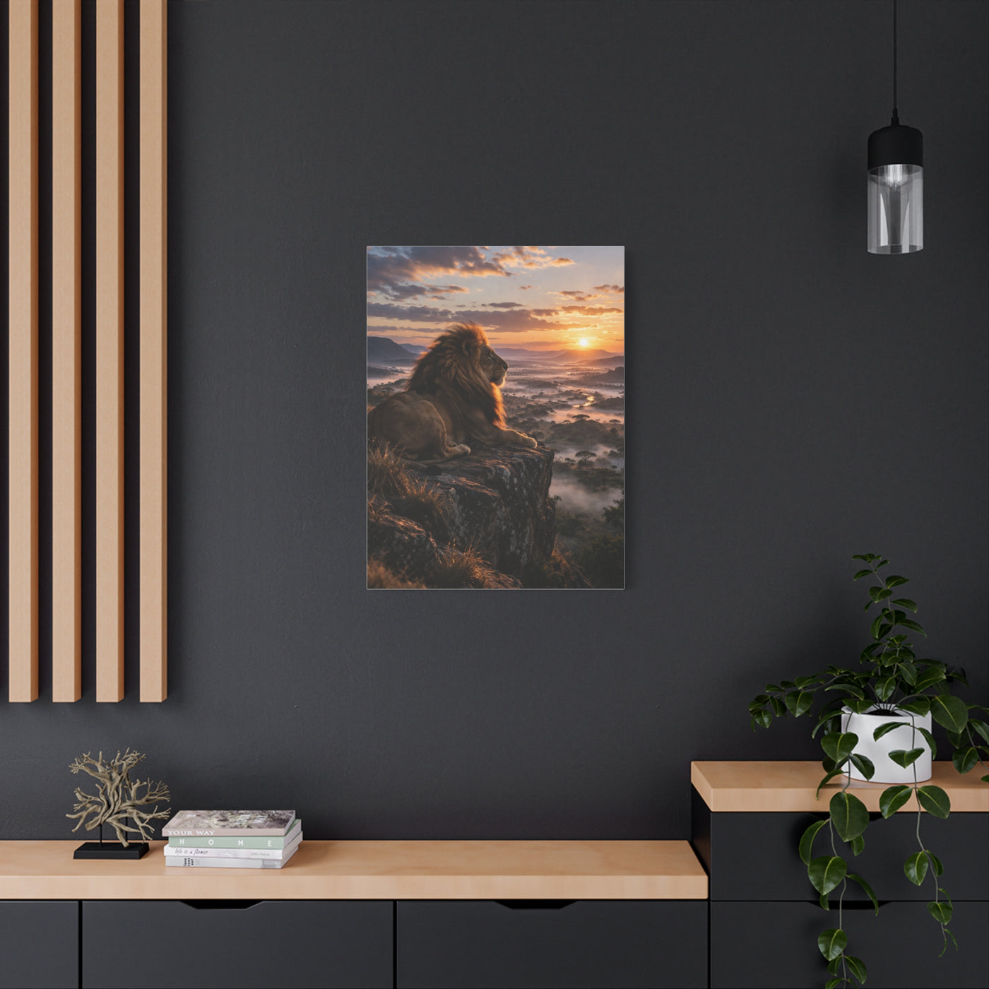 Lion at Sunrise Over Savannah Valley Wall Art & Canvas Print
