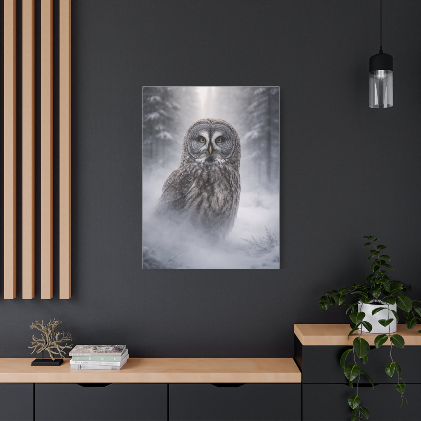 Great Grey Owl Winter Mist Portrait Wall Art & Canvas Print