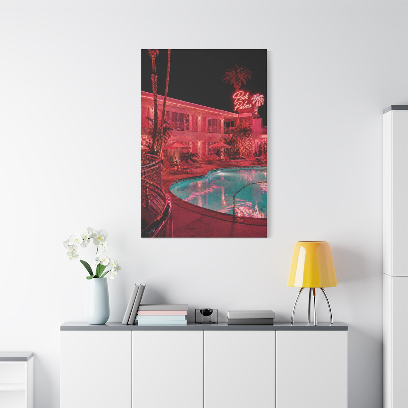 Pink Neon Pool Night Scene Wall Art & Canvas Print