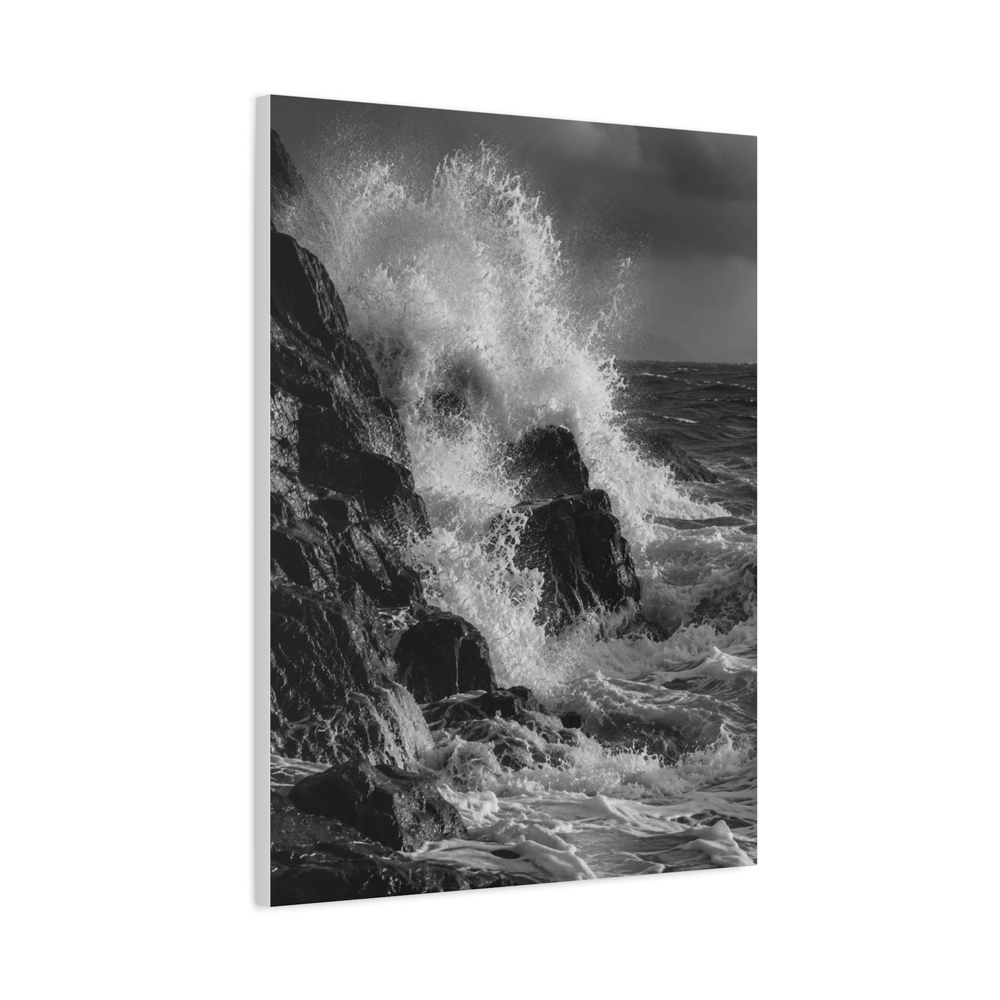 Monochrome Ocean Impact Rock Scene Wall Art & Canvas Print