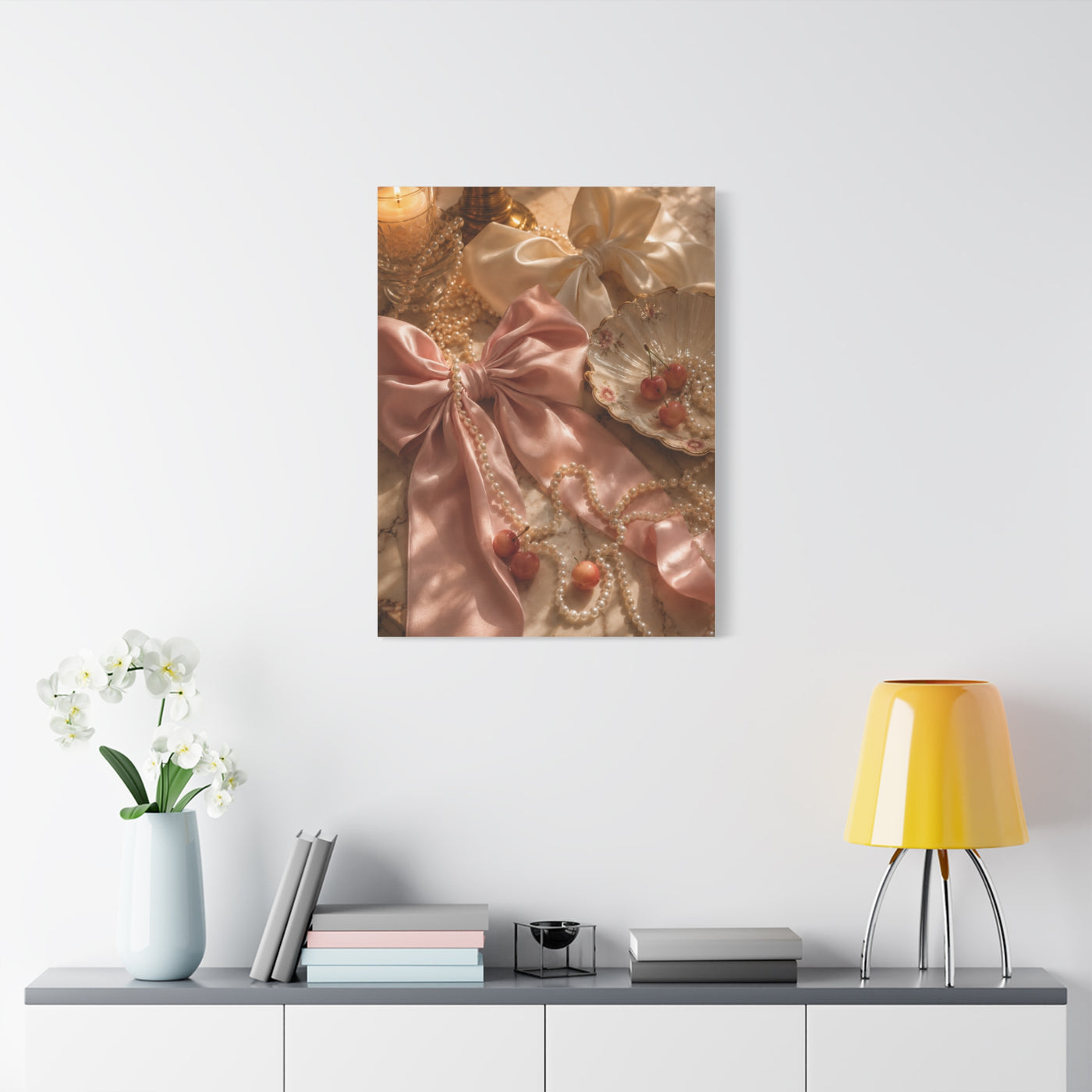 Coquette Silk Bow & Pearl Still Life Wall Art & Canvas Print
