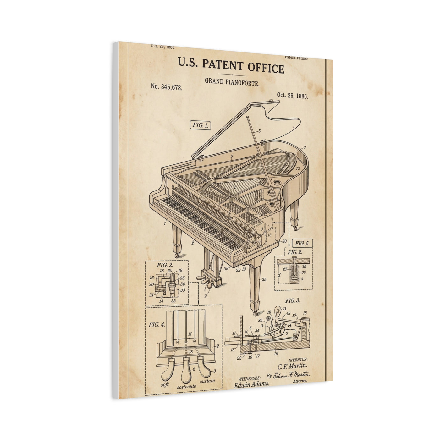 Vintage Grand Piano Patent Illustration Wall Art & Canvas Print