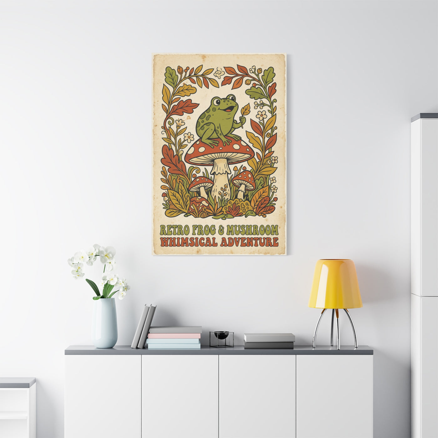 Whimsical Retro Frog and Mushroom Poster Wall Art & Canvas Print