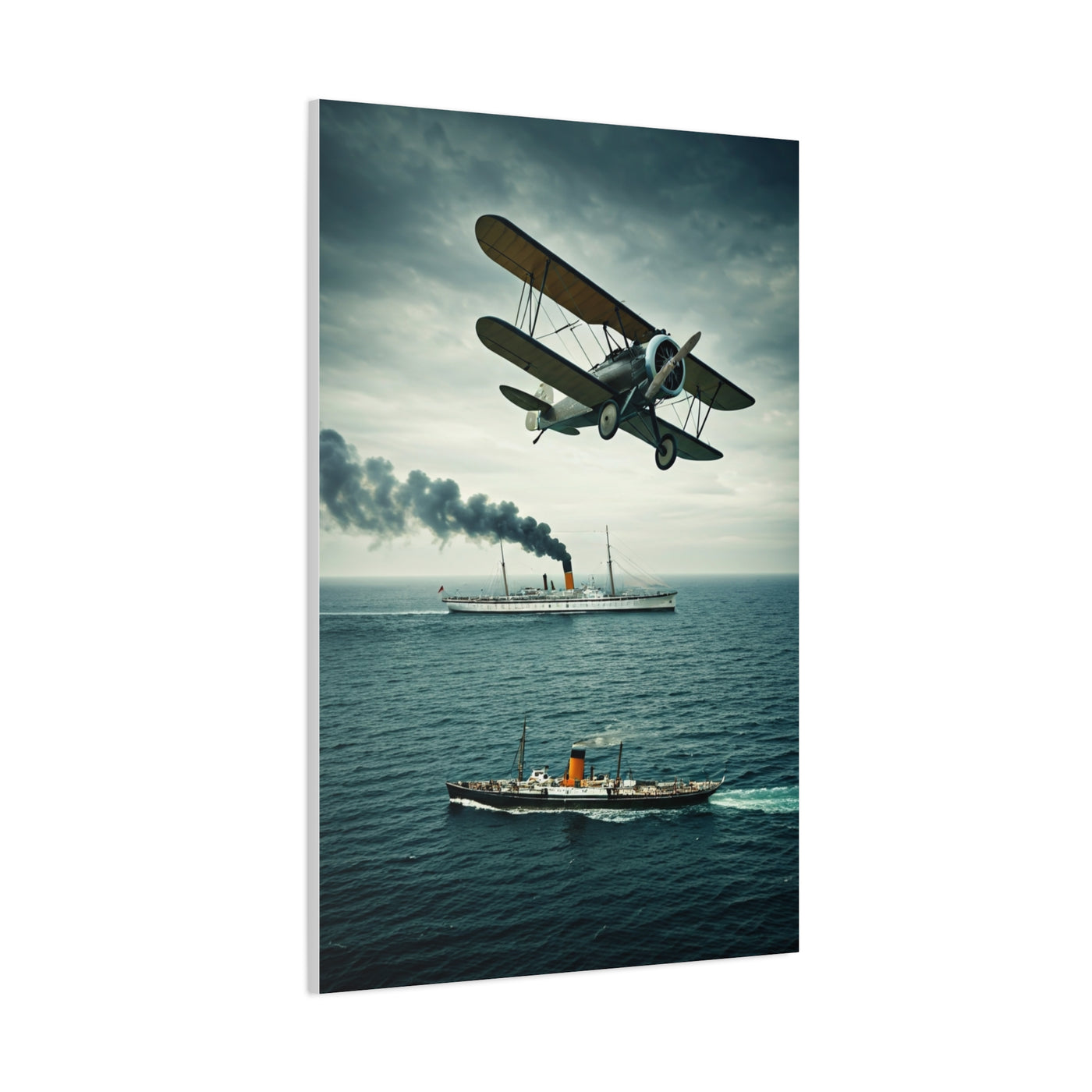 Vintage Biplane Over Open Sea Wall Art & Canvas Prints
