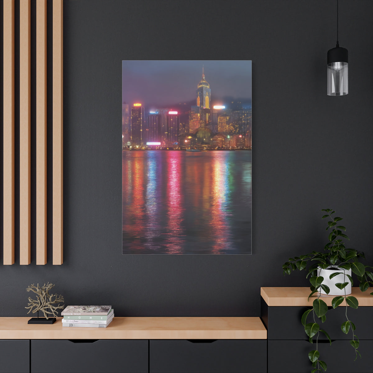 Hong Kong Skyline Rainy Neon Reflections Wall Art & Canvas Print