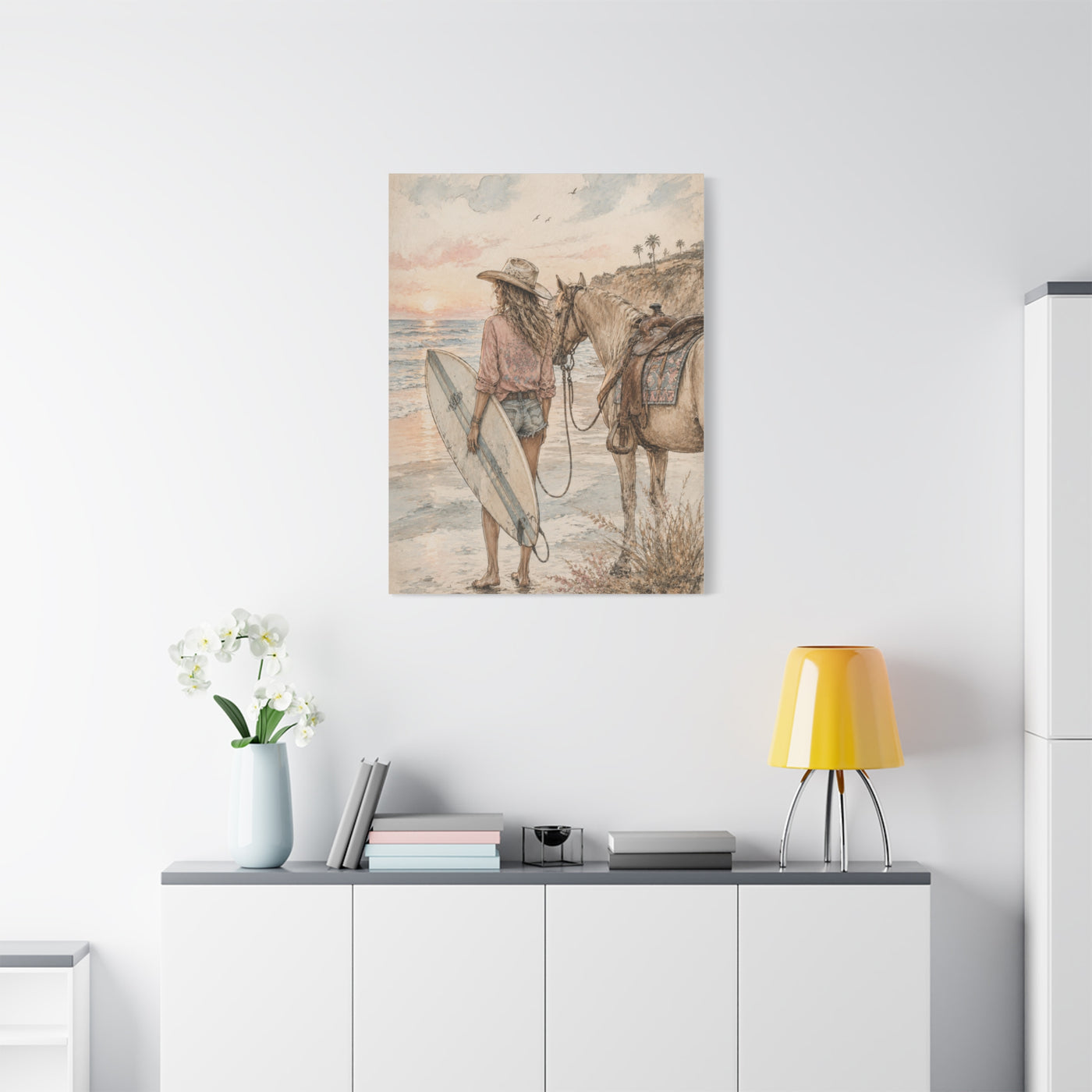 Surf Cowgirl Beach Horizon Scene Wall Art & Canvas Print