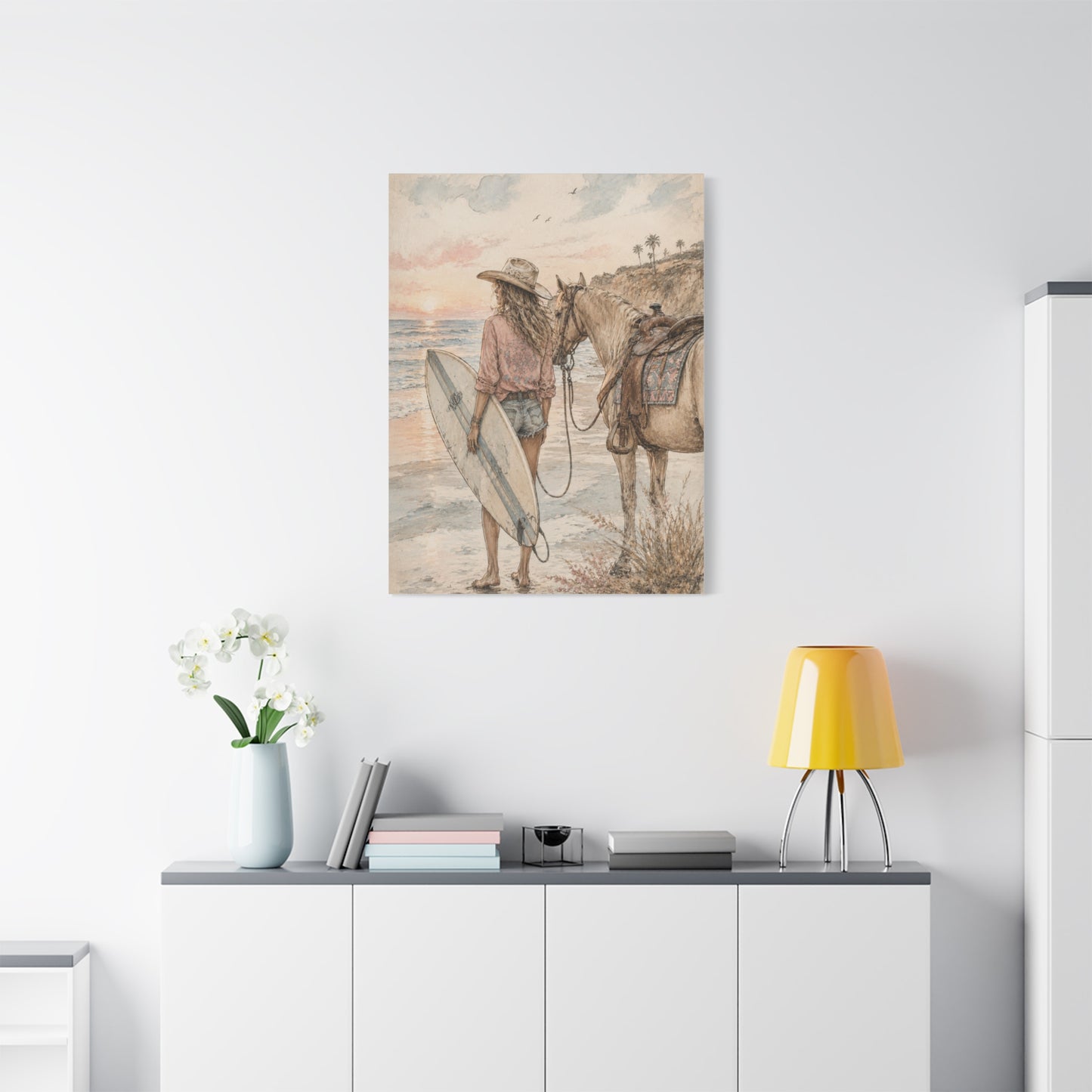 Surf Cowgirl Beach Horizon Scene Wall Art & Canvas Print