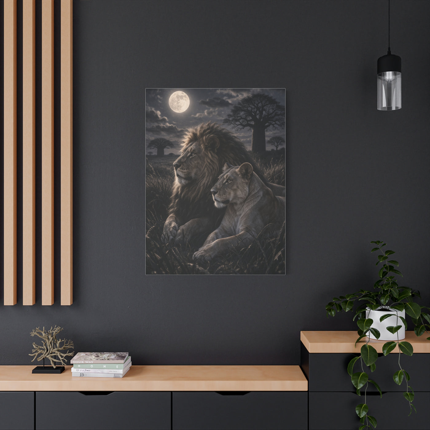 Lion and Lioness Under Moonlight Unity Wall Art & Canvas Print