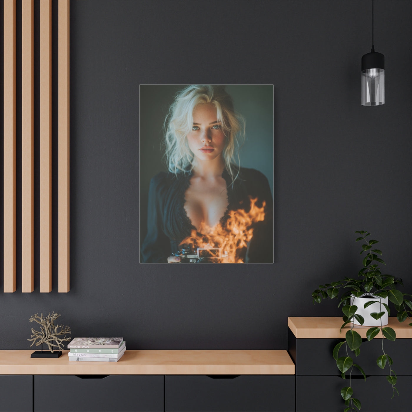 Blonde Muse Fire Camera Portrait Wall Art & Canvas Print