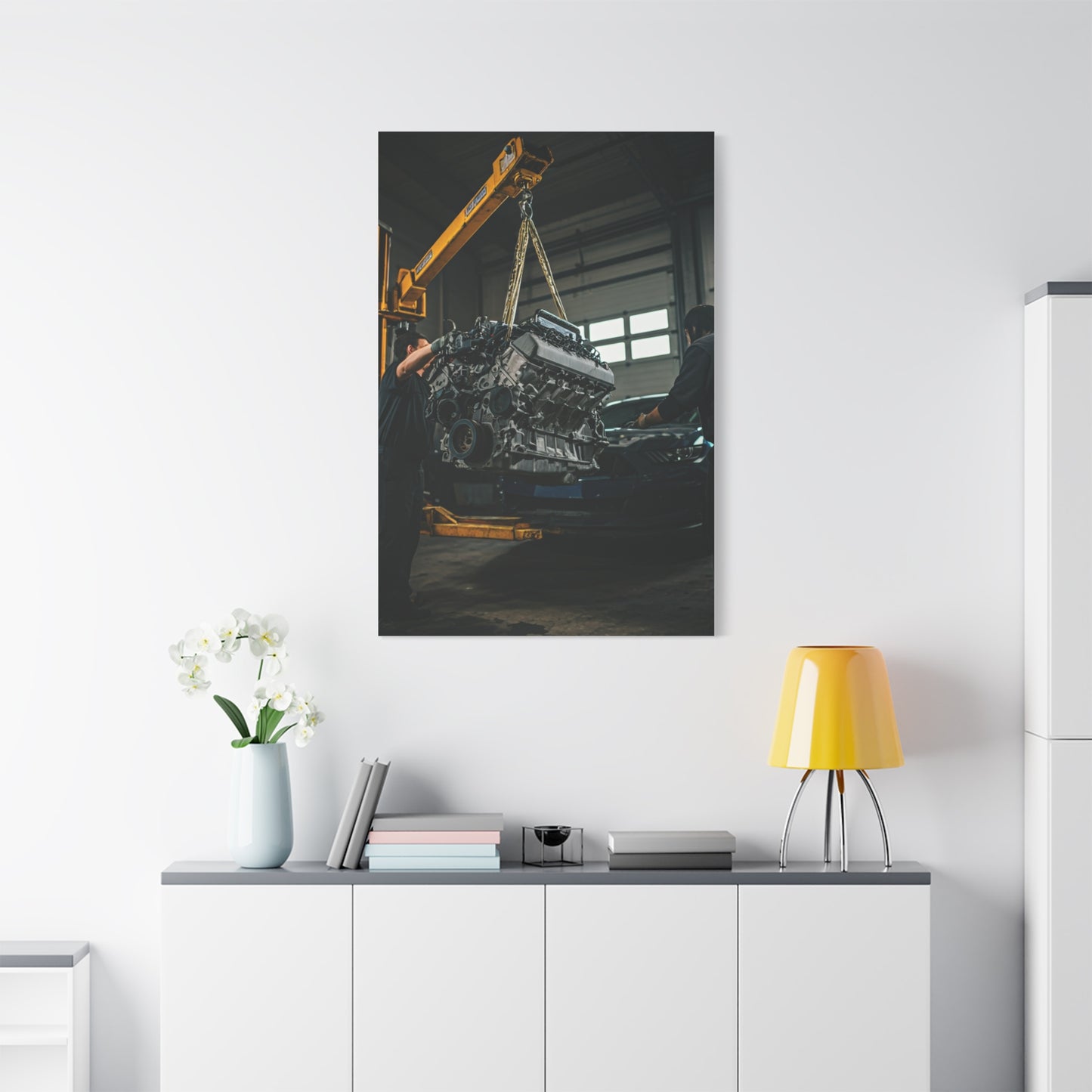 Ford Mustang Shelby GT350 Engine Installation Scene Wall Art & Canvas Prints