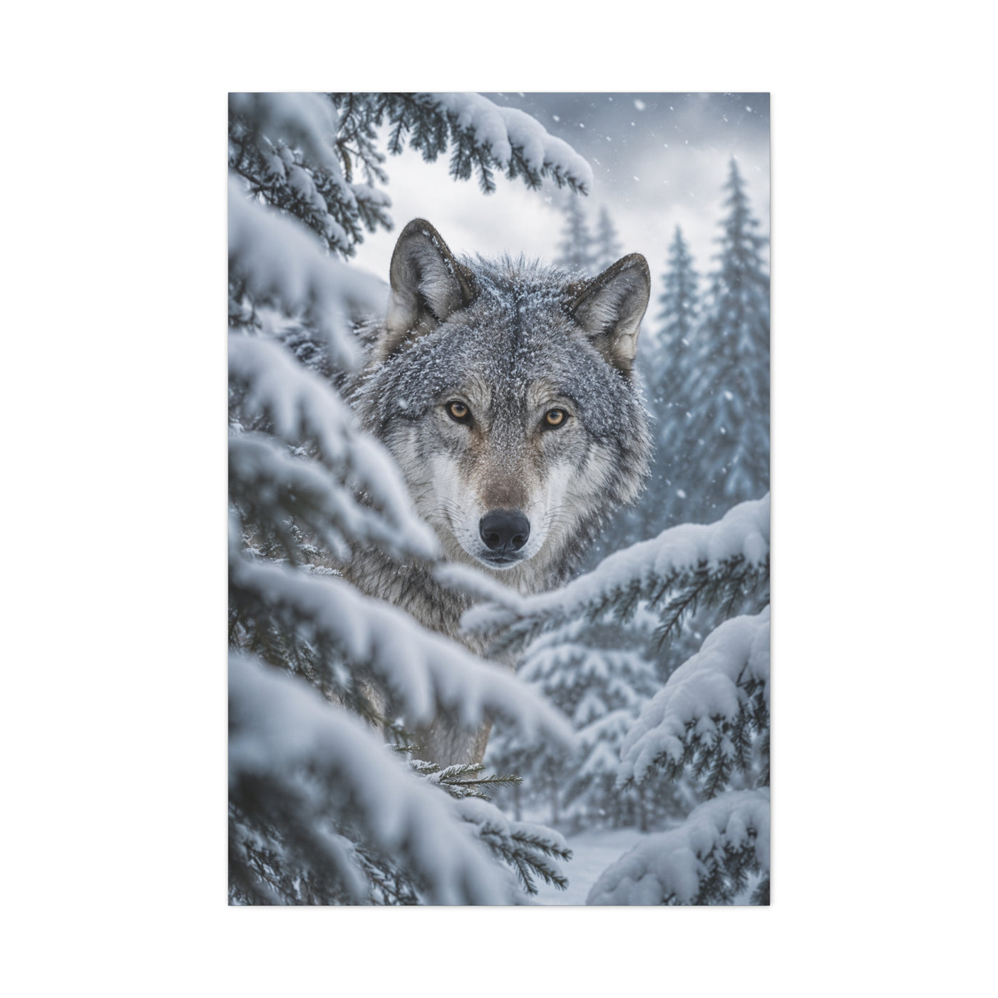 Snow-Covered Pine Wolf Close Portrait Wall Art & Canvas Print