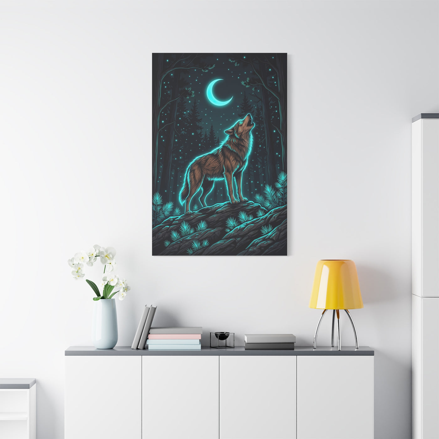 Moonlit Forest Wolf Neon Outline Scene Wall Art & Canvas Print