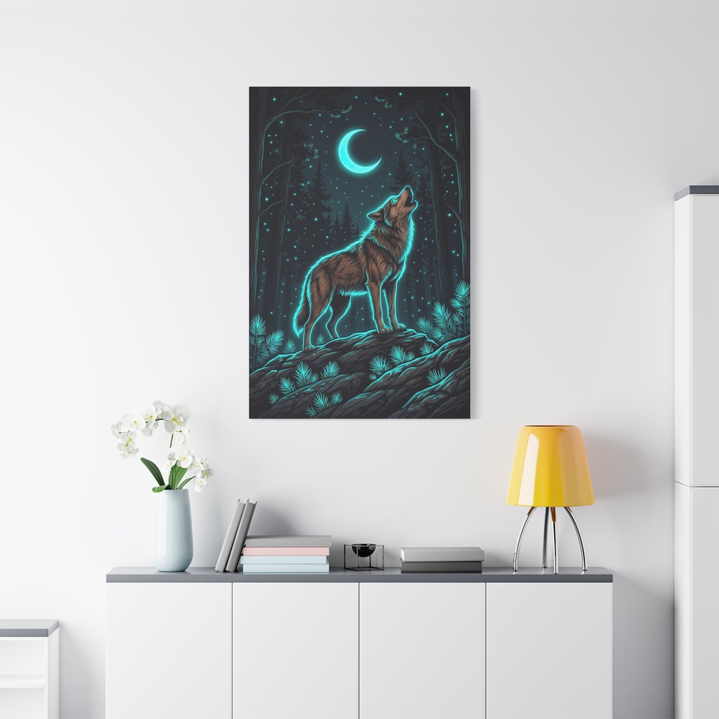 Moonlit Forest Wolf Neon Outline Scene Wall Art & Canvas Print