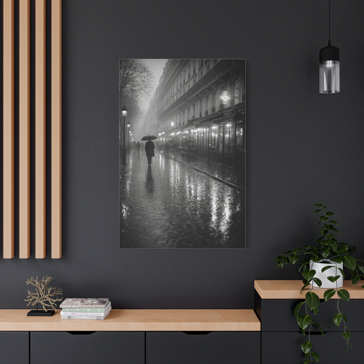 Rainy Paris Street Monochrome Wall Art & Canvas Print