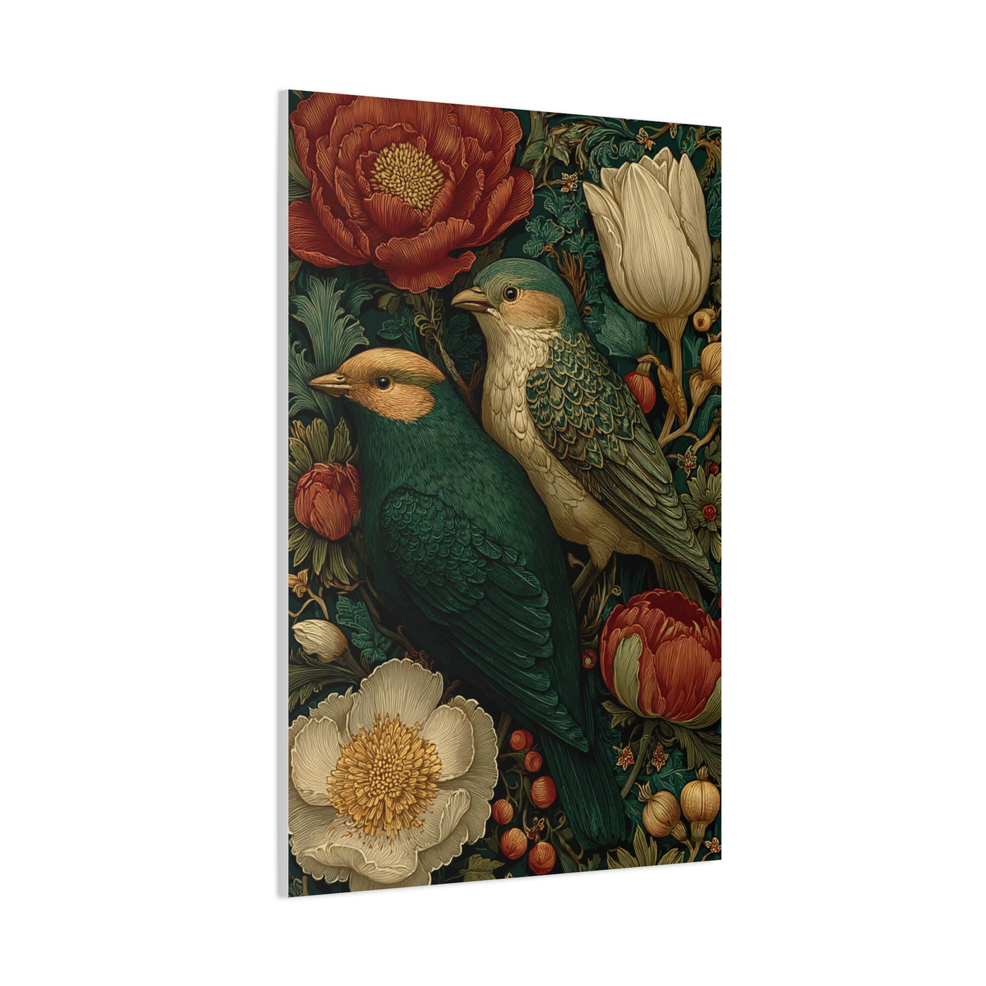 Green Botanical Songbird Pattern Wall Art & Canvas Print