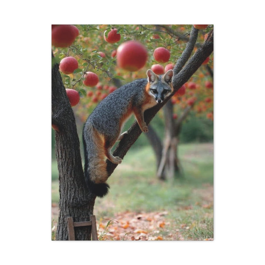 Orchard Gray Fox Climbing Apple Tree Wall Art & Canvas Print