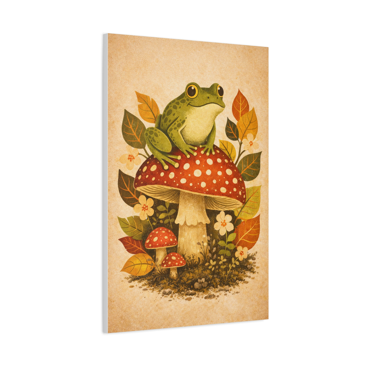 Whimsical Retro Frog and Mushroom Composition Wall Art & Canvas Print