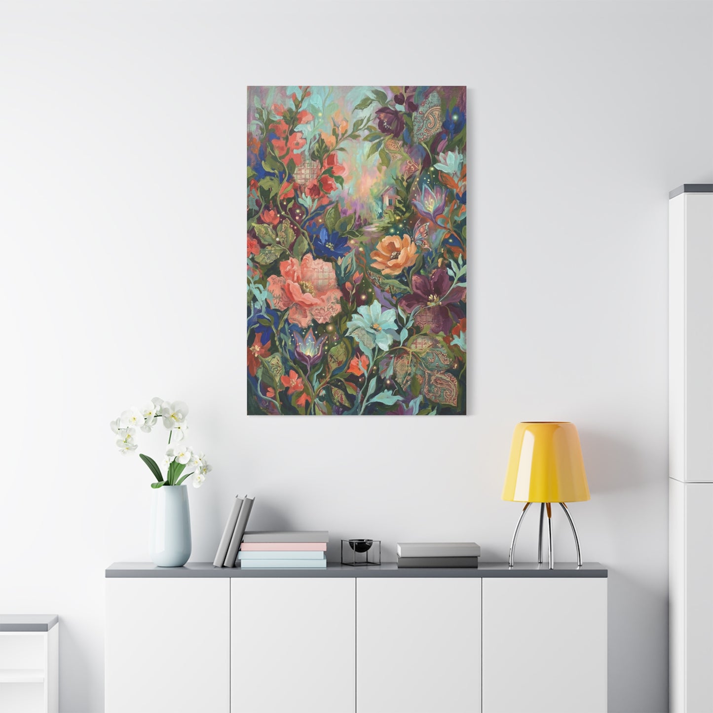 Enchanted Floral Garden & Fireflies Wall Art & Canvas Print