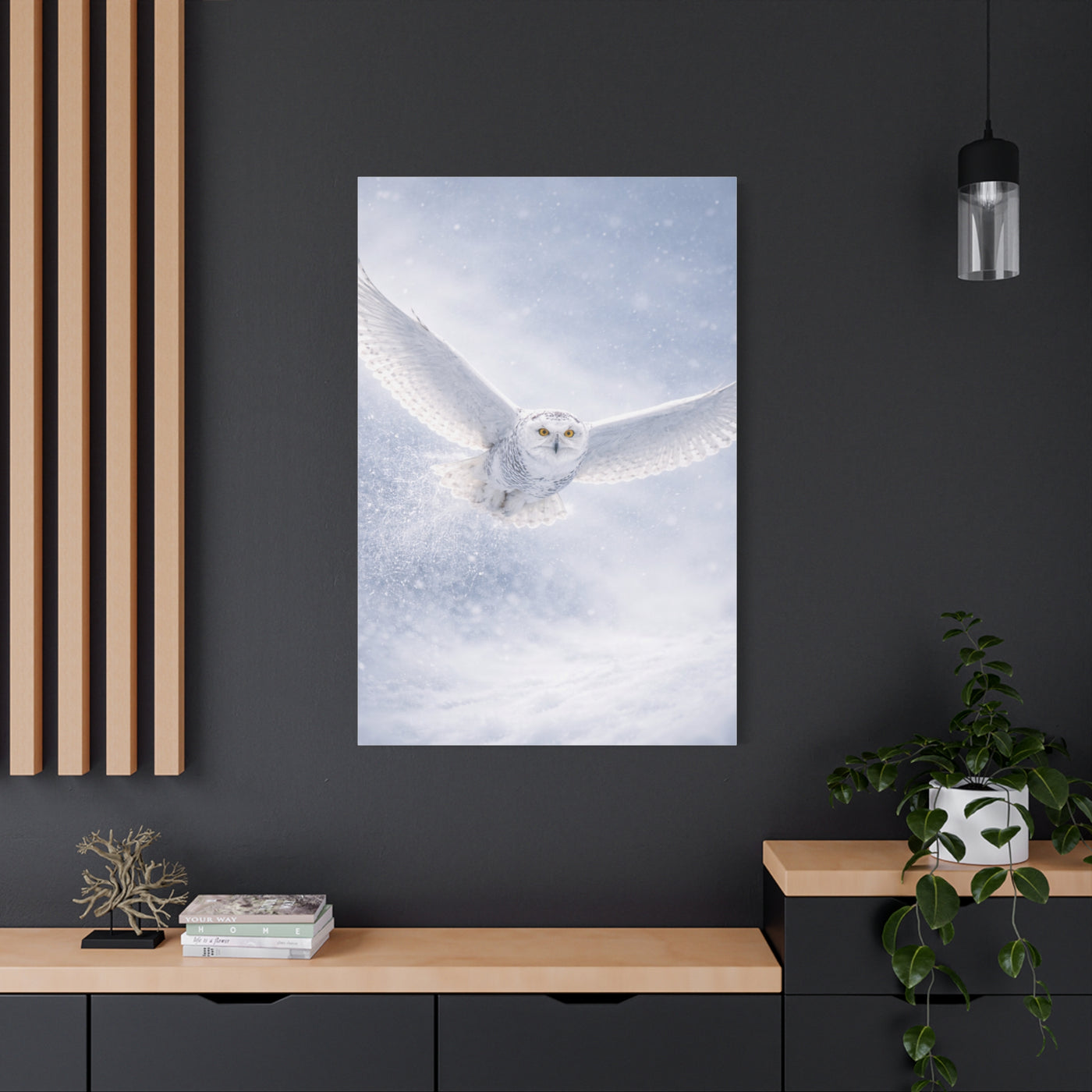 Snowy Owl Winter Flight Minimal Wall Art & Canvas Print