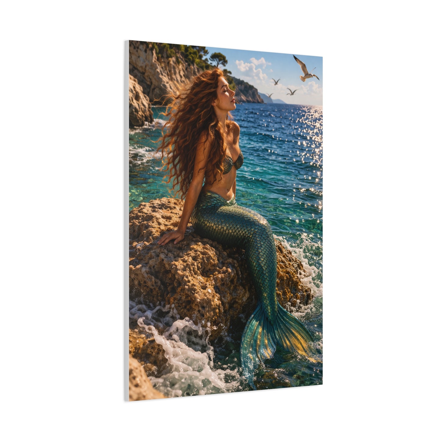 Sunlit Coastal Mermaid Escape Wall Art & Canvas Print