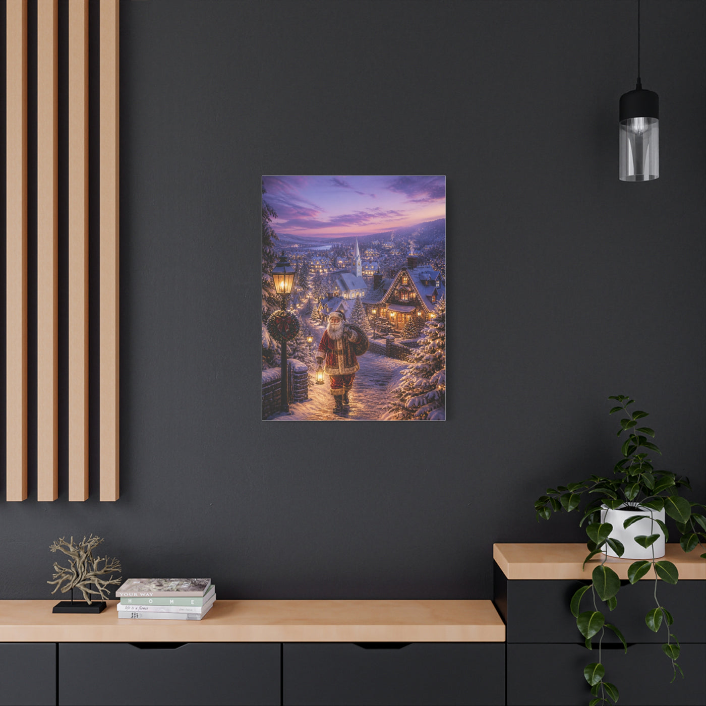 Snowy Village Santa Lantern Walk Wall Art & Canvas Print