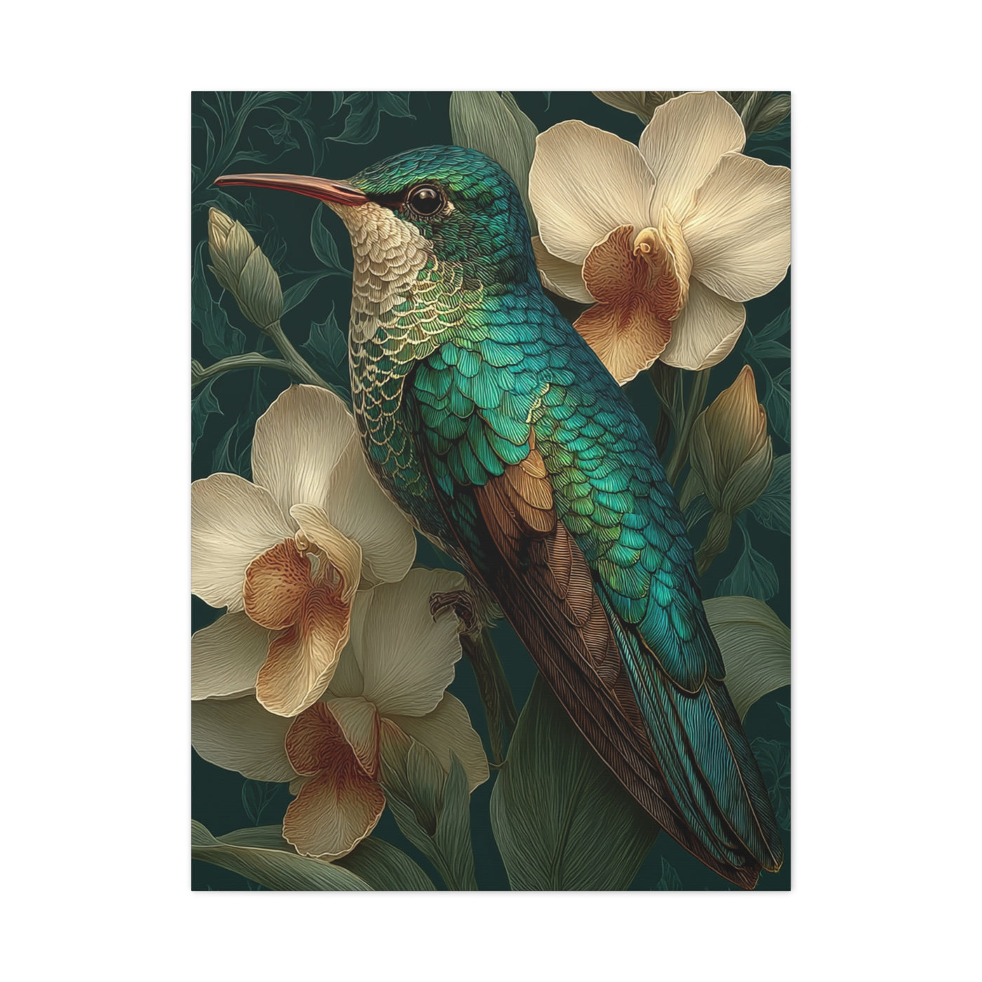 Emerald Hummingbird Botanical Portrait Wall Art & Canvas Print