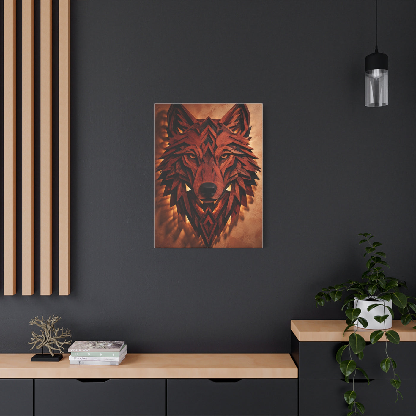 Geometric Carved Wood Wolf Head Sculpture Wall Art & Canvas Print