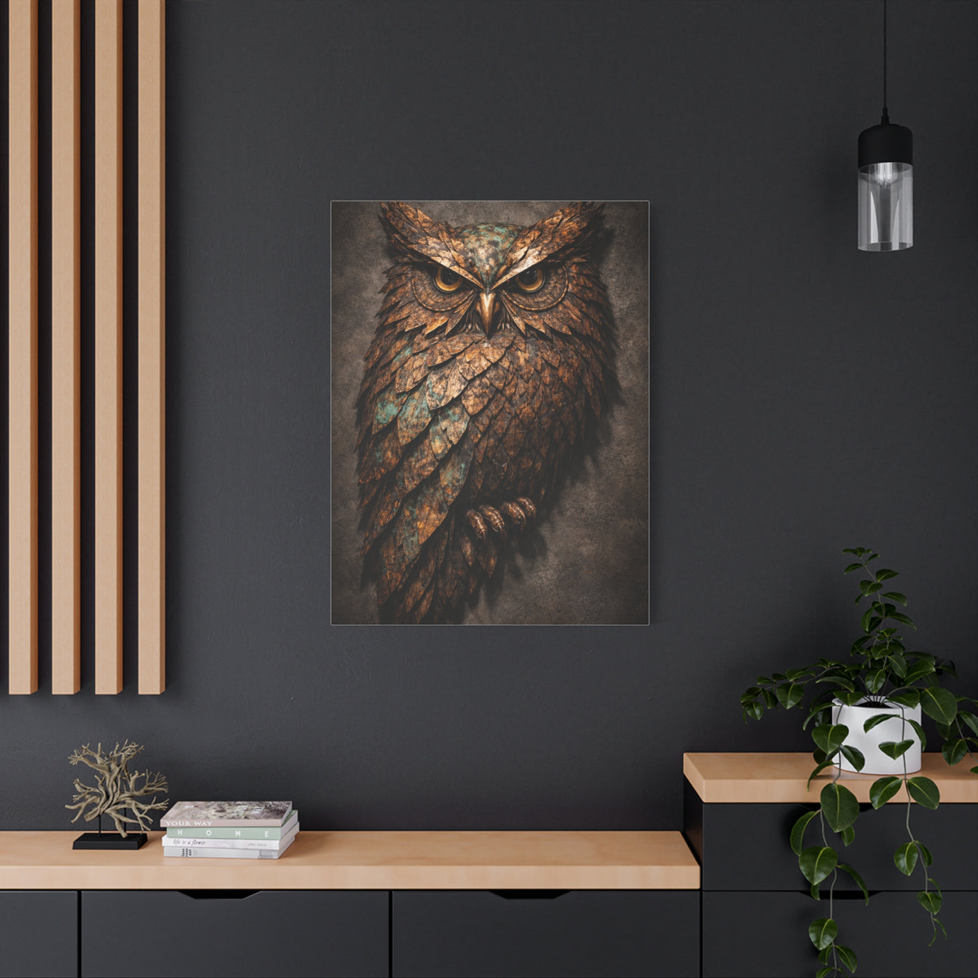 Rustic Metal Feather Owl Sculpture Wall Art & Canvas Print