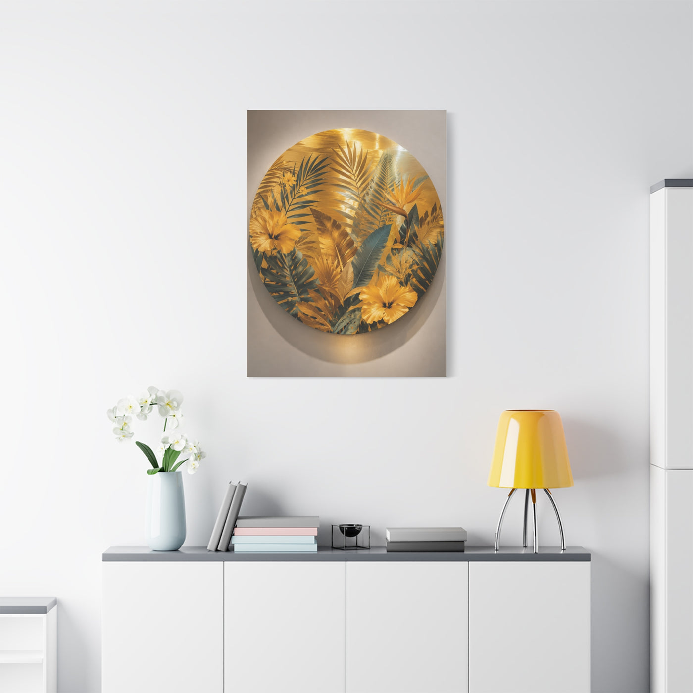 Golden Tropical Botanical Disc Composition Wall Art & Canvas Print